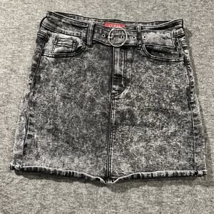 Guess Jean Skirt S Faded Stone Wash Blk Denim Mini Belted Y2K Rock Grunge Club